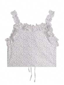 2025 Spring/Summer Designed Lace-Up Floral Print Women Short Sleeveless Tank Top Casual White - White - View 4