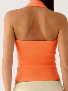 Women's Sexy Halter Knit Crop Top Sleeveless Backless Design With Frill Detail And Slight Stretch For Party Wear - 珊瑚橙 - 查看 7