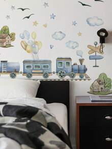 1pc Blue Cloud Balloon Steam Train Wall Decal Sticker, Removable Decoration For Bedroom, Living Room, Kids Room - 1PC - مشاهدة 5