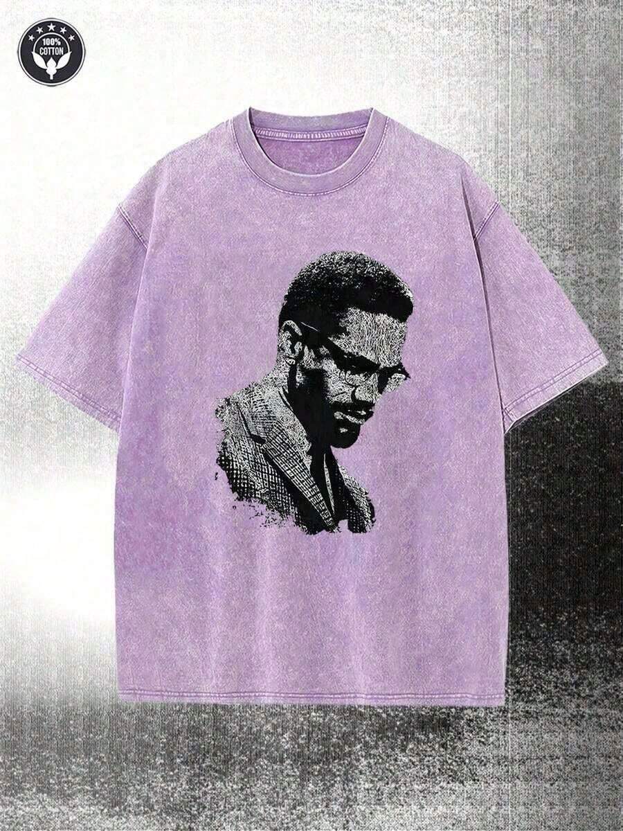 2026 Summer TopsWashed, Malcolm X Black And White Portrait Pattern Printed T-Shirt, Spring And Summer Casual Men's T-Shirt, Round Neck Cotton Shor - 紫色 - 查看 1