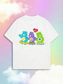 SHEIN | Care Bears Áo thun nữ tay ngắn mùa hè in hình hoạt hình ba chú gấu trượt patin cổ điển, sự kết hợp giữa phong cách E-girl ngọt ngào và nét hoài cổ Mỹ. - trắng - Xem 1