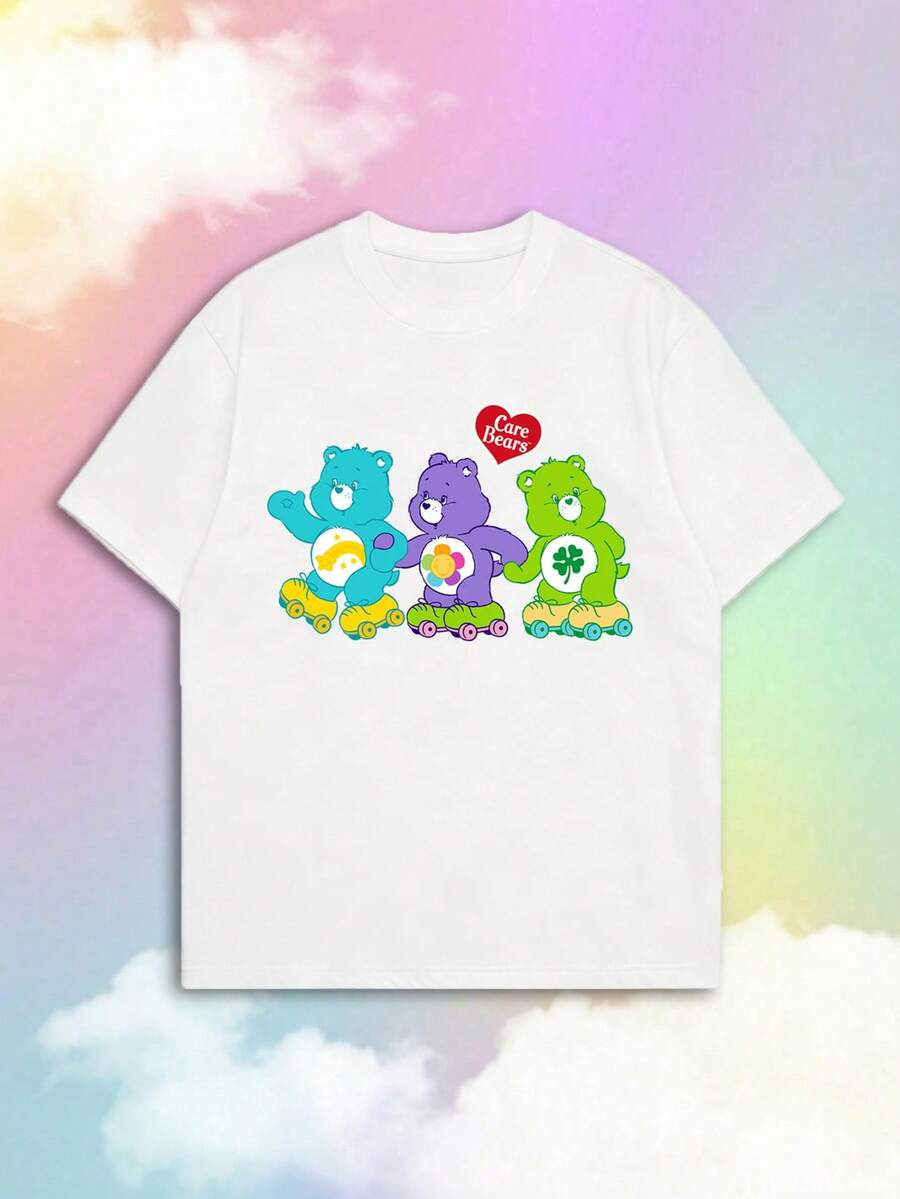 SHEIN | Care Bears Áo thun nữ tay ngắn mùa hè in hình hoạt hình ba chú gấu trượt patin cổ điển, sự kết hợp giữa phong cách E-girl ngọt ngào và nét hoài cổ Mỹ. - trắng - Xem 1