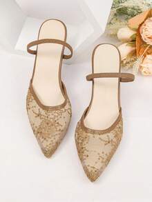 优雅刺绣网纱高跟穆勒鞋，尖头单带女鞋，派对/宴会/通勤凉鞋 - 棕色 - 查看 2