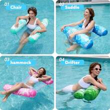 Sloosh - Paquete de 4 hamacas flotadores de piscina para adultos 4 en 1 inflables multiusos para piscina hamaca de agua de PVC azul rosa cian verde - Azul rosa cian verde - Ver 2