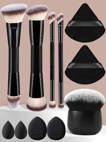 YZIMENG Juego de 11 piezas de brochas de maquillaje profesionales, brochas de maquillaje portátiles para viajes, juego de 4 piezas de herramientas de maquillaje multifunción de doble cara + brocha grande para base, brocha para loción corporal + 6 esponjas de maquillaje de diferentes formas, que incluyen brocha para base, brocha para rubor, brocha para corrector, brocha para contorno, brocha para nariz, brocha para sombra de ojos, brocha para iluminador, esenciales para uso en casa o de viaje, accesorios de belleza y artículos de maquillaje indispensables, idea de regalo maravillosa - Negro - Ver 8