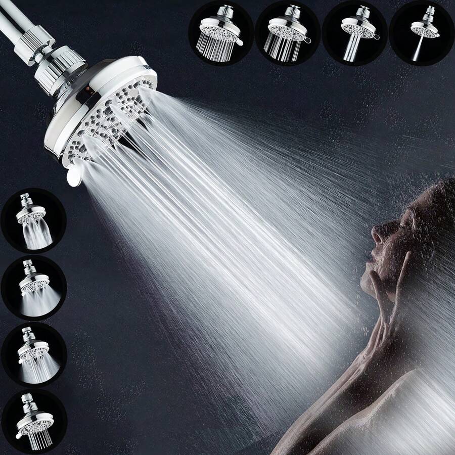 Vòi sen treo trần màu bạc - Vòi sen treo trần với 8 chế độ phun, đầu vòi sen bằng nhựa ABS, đầu vòi sen có thể điều chỉnh, thiết kế tiết kiệm nước và chống đóng cặn, đầu vòi sen dễ lắp đặt (Sản phẩm cần thiết cho phòng tắm và xe RV) - tròn - Xem 1
