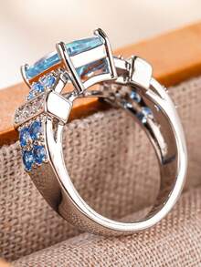 1 Peça Anel de Zircônia Cúbica Feminino, Adequado para Casamento, Noivado, Uso em Festas, Presente do Dia dos Namorados - Azul bebê - Visão 6
