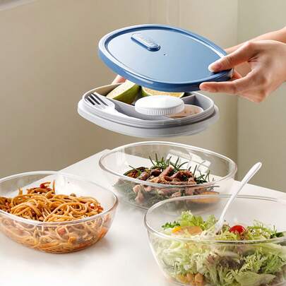 1 hộp đựng salad hình bầu dục - Hộp cơm trưa đựng salad nhiều ngăn - Hộp bento thích hợp để đựng salad mang đi - Bữa trưa lành mạnh và phù hợp với lối sống hiện đại, trường học, du lịch, ăn ngoài, dùng được trong lò vi sóng và máy rửa chén, màu xanh dương trơn.