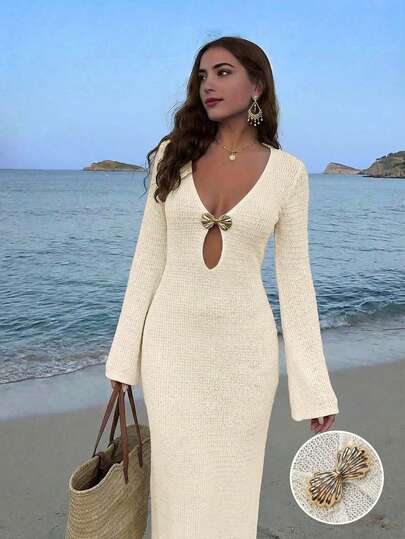Women's Summer Beach Bohemian Vacation Style Shell Shaped Metal Buckle Deep V-Neck Hollow Out Flare Sleeve Fitted Bodycon Dress, Sexy Vacation Cover Up, Suitable For Holiday Wear