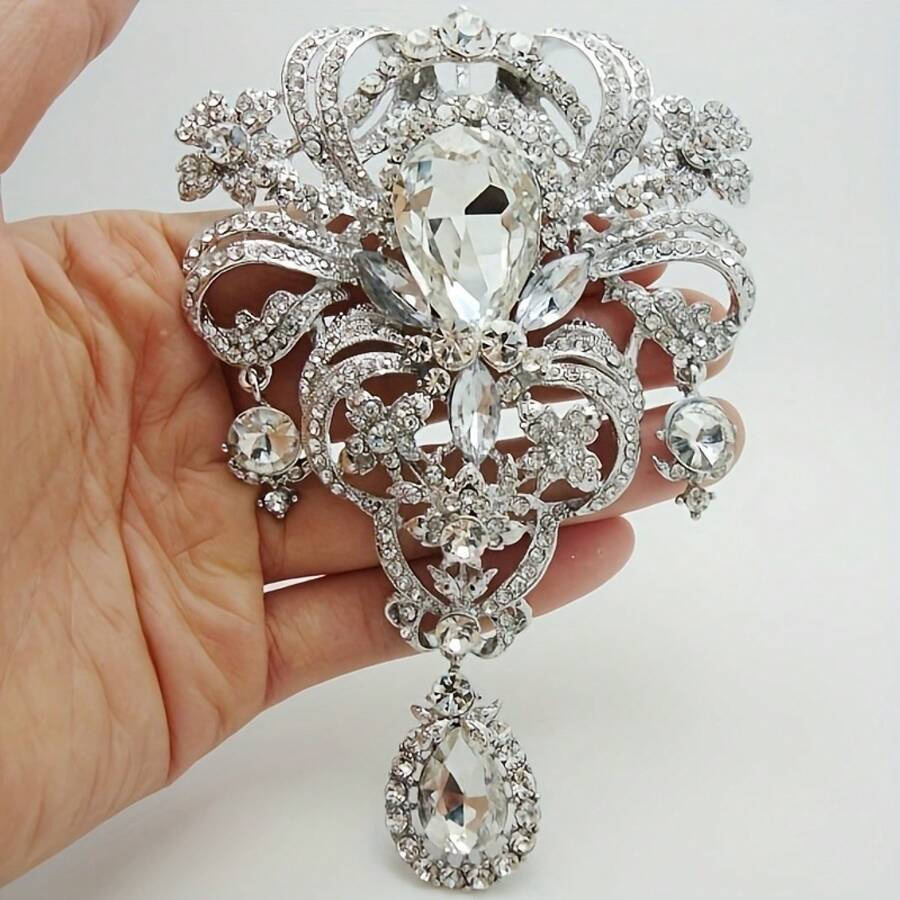 Fashionable And Luxurious Crown Brooch With Rhinestones, Bridal Clothing Art Piece, Bouquet Accessory - Silver - View 1