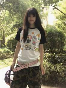 Áo thun nữ tay raglan phong cách grunge rock Y2K, in hình hoạt hình, kiểu dáng rộng rãi, in họa tiết graffiti retro, phong cách đường phố thường ngày, tay ngắn. - trắng - Xem 3