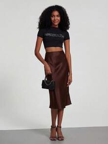 Chân váy midi satin cạp cao dành cho nữ, trang phục thường ngày thanh lịch cho mọi mùa xuân. - màu nâu - Xem 6