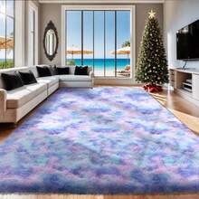 Soft Shaggy Area Rug For Living Room, Thick Fuzzy Rug For Bedroom, Modern Spring Decor Aesthetic, Upgrade Non-Slip Fluffy Carpet, Ideal Gift For Mother's Day,Housewarming, Easter, Dry Clean Only, With 4 Carpet Stickers, Tie-Dye Blue Rainbow - 紮染蘭彩虹 - 查看 8