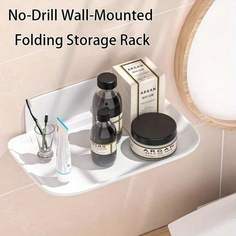 Drill-Free Wall-Mounted Folding Storage Rack - White Plastic Space-Saving Organizer With Multiple Compartments, Suitable As A Hanging Rack And Shelf For Bathrooms, Kitchens, Bedrooms, And Offices - Compact 27.0inch Shelf, Shelves - White Folding Rack - View 1