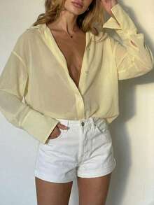 休闲百搭黄色薄纱宽松衬衫，夏季款 - 黃色 - 查看 8