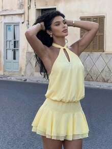 Perirose Vestido corto elegante de mujer de tirantes finos color amarillo claro con diseño calado y volantes en el bajo, vestido de verano sexy y romántico para vacaciones - Amarillo - Ver 2
