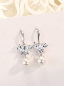 1 đôi bông tai hình bướm đính ngọc trai và đá Cubic Zirconia cao cấp, bằng bạc Sterling S925, thanh lịch, tinh tế, ngọt ngào, đa năng, thích hợp làm quà tặng cho phụ nữ dự tiệc, quà tặng cho các buổi tiệc. - Bạc - Xem 2