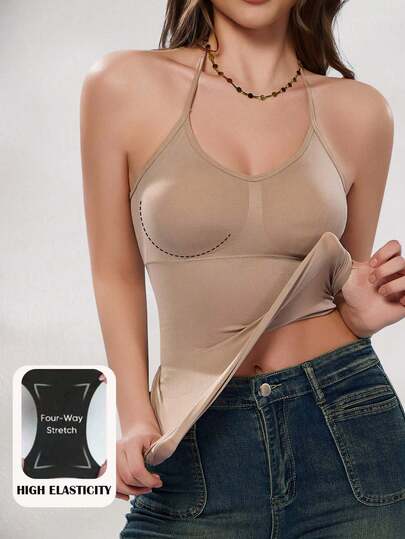 1 Paquete Camiseta sin costuras con cuello halter para mujer, control de abdomen con espalda baja, top moldeador del Body con sujetador acolchado incorporado, camiseta elástica sin mangas para uso diario y como capa exterior