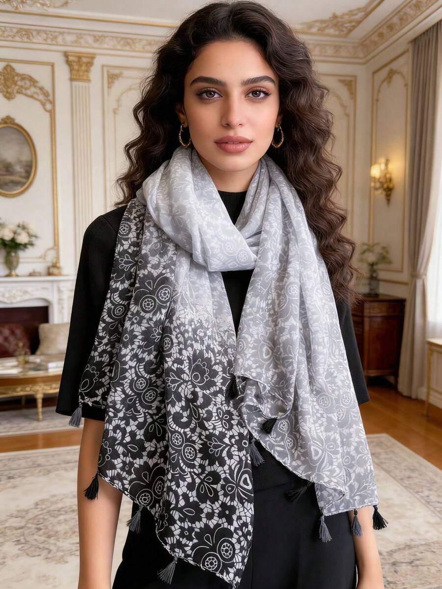 1pc Women's Bohemian Floral Print Scarf, Lightweight Elegant Comfortable Windproof Headscarf, Suitable For Casual Outdoor/School/Commute,Beach,Holiday,Travel Essential,Holiday - Black and White - View 1