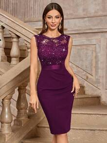 MIUSOL Đầm dự tiệc cocktail không tay cổ tròn đính sequin và ren hoa cổ điển, đầm mùa hè thanh lịch dành cho nữ. - Màu Tím - Xem 5