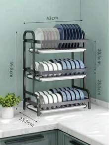 Étagère de cuisine à 3 niveaux avec drainage rapide, comprenant un support pour couteaux et fourchettes, un support pour planche à découper, un rack de rangement multifonction pour bols et assiettes, un cadre métallique élégant, un organisateur de cuisine durable - Noir - Voir 6