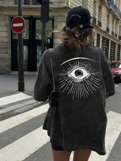 Women's Loose Mineral Wash T-Shirt - Third Eye Graphic, Vintage Streetwear Style, Charcoal Grey