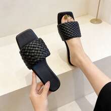 Dép lê đế bằng mũi vuông dệt kim dành cho nữ - Sandal quai đơn hở mũi thoải mái cho mùa hè. - màu đen - Xem 3