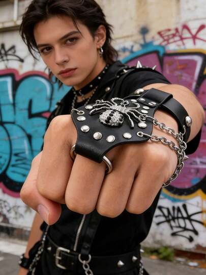 1 pieza Brazalete de mano de cuero con araña gótica punk para hombres y mujeres, cadena con tachuelas genial, perfecto para festival, fiesta, cosplay y estilo callejero alternativo