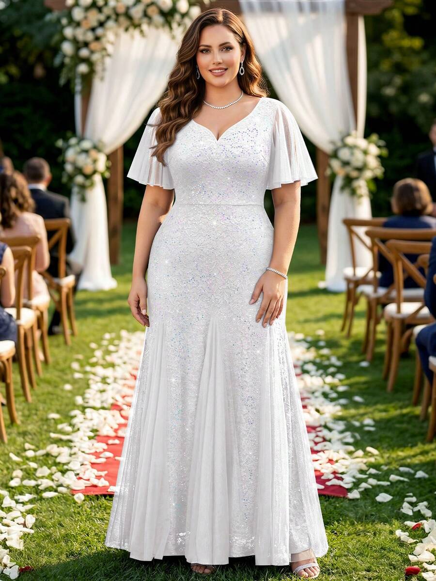 亮片蕾丝心形领荷叶边袖晚礼服，白色婚纱，新娘礼服，适合生日、毕业典礼、春季晚宴等场合