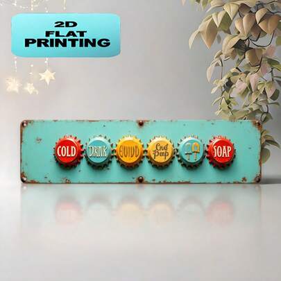 2D Flat Vintage Turquoise Soda Bottle Cap Metal Sign - Large 3.94x15.75 Inches (10x40cm) Wall Decor With Soft Drink And Soda Icons - Restaurant, Man Cave, Bar Art - Easy Hang Board, Suitable For Office - No Power Needed Creative Gift, 2D Flat, Perfect For Room Decoration