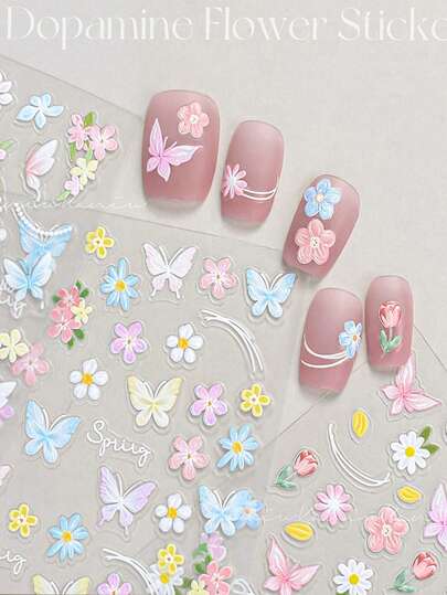 1 miếng dán móng tay Dopamine hình hoa dễ thương 3D màu hồng, xanh dương, tím và bướm, họa tiết mộng mơ, tự dính, trang trí móng tay màu pastel cho mùa xuân.