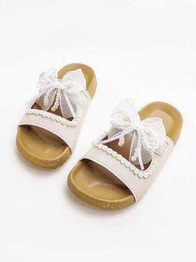 1 par de zapatillas planas con decoración de perlas y lazo lindo para niñas, cómodas y duraderas, adecuadas para actividades al aire libre, verano