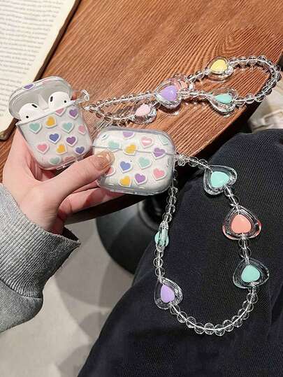 1 hạt cườm hình trái tim nhiều màu sắc + vòng tay hình trái tim, phù hợp với hộp đựng tai nghe Apple 1/2/3/4, Pro/Pro2.