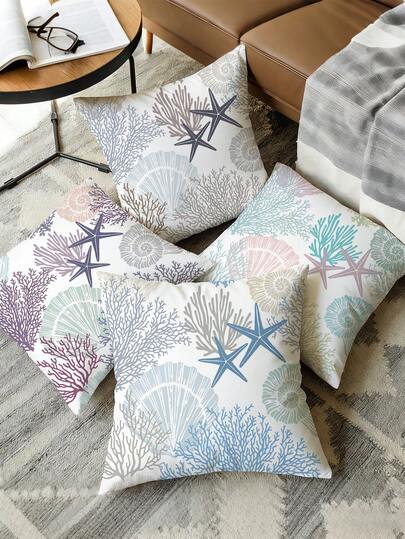 4 piezas de Fundas de almohada impresas por una sola cara con tema oceánico, con patrones de coral, estrella de mar y conchas, adecuadas para almohadas decorativas en la sala de estar y el dormitorio, se pueden regalar a familiares y amigos
