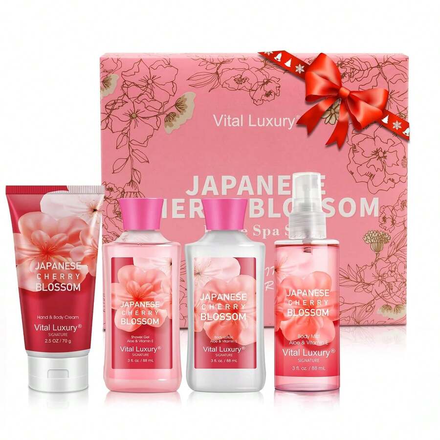 Women's And Girls' Bath Care Gift Set Japanese Sakura Fragrance 4-Piece Set Includes: Shower Gel, Body Lotion, Body Mist, Exfoliating Scrub Birthday & Christmas Gift Travel-Size Care Set - Đỏ - Xem 1