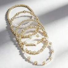 Bộ 5 vòng tay hạt cườm vàng phong cách Bohemian, vòng tay ngọc trai giả mạ vàng 14K co giãn, bộ trang sức hình thánh giá dành cho nữ, quà tặng cho phụ nữ, bé gái, ngày Valentine, trang sức mùa hè, ngày của Mẹ. - Nhiều màu - Xem 4