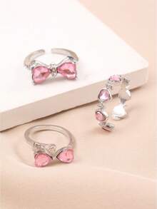 3pcs/Set Fashion Y2K Style Bow & Heart Rhinestone Ring Set, Suitable For Girls, For Party And Daily Wear - Multicolor - View 12