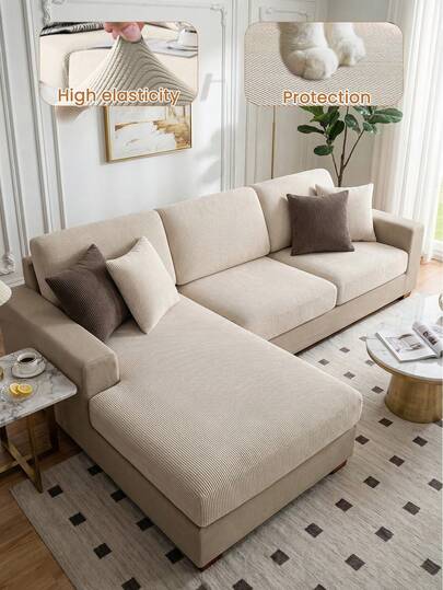 1pc Versatile Beige Velvet Anti-Slip Sofa Cover, Minimalist Modern Style, Soft & Skin-Friendly, Pet-Proof, Elastic Sofa Slipcover, Suitable For Single/Double/Three-Seat Sofa, L-Shaped Sofa