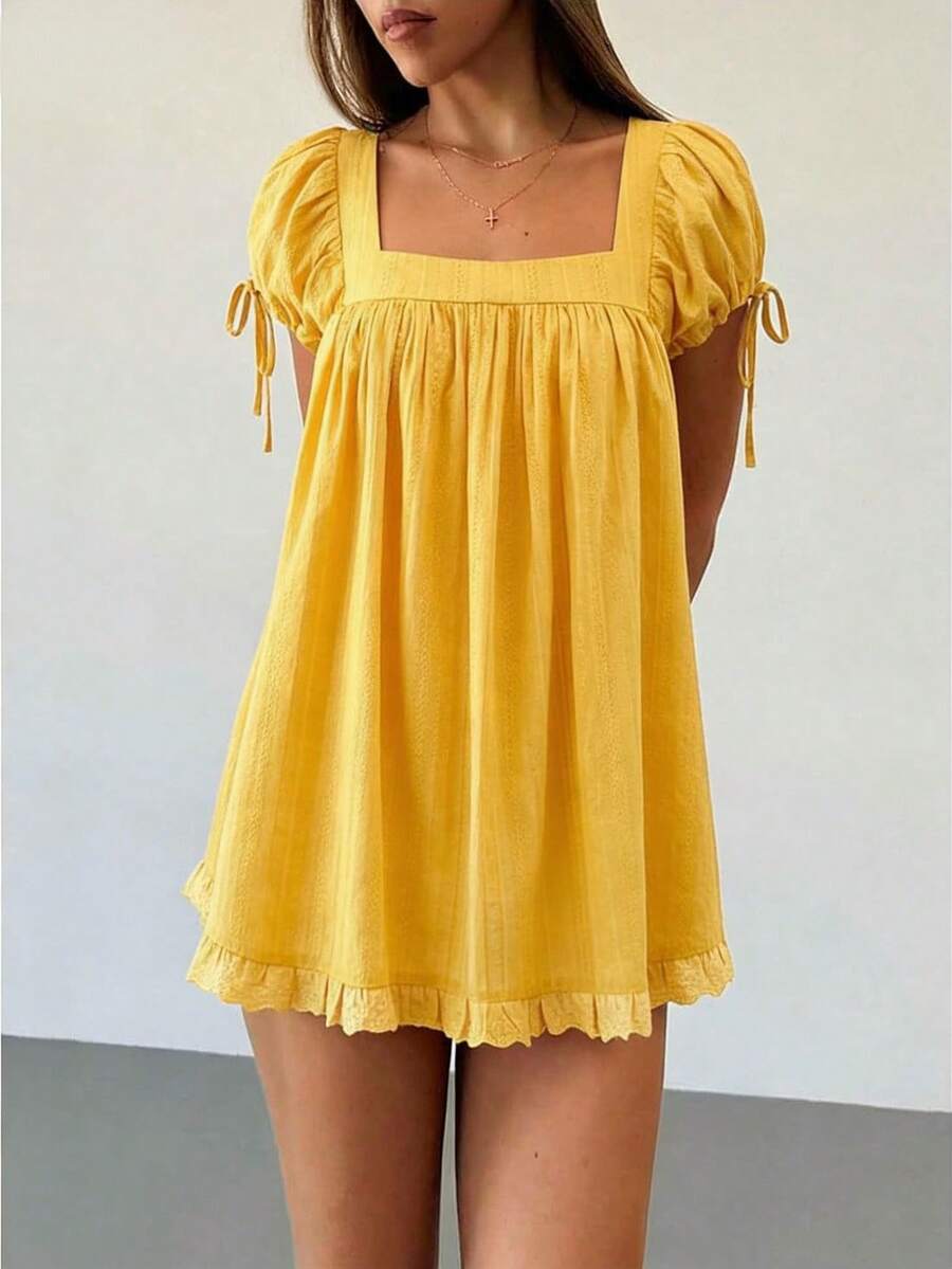 Women Puff Sleeve Babydoll Mini Dress Y2K Lace Trim Ruffle Flowy Dresses Summer Loose Swing Going Out Sundresses - 芥末黃 - 查看 1