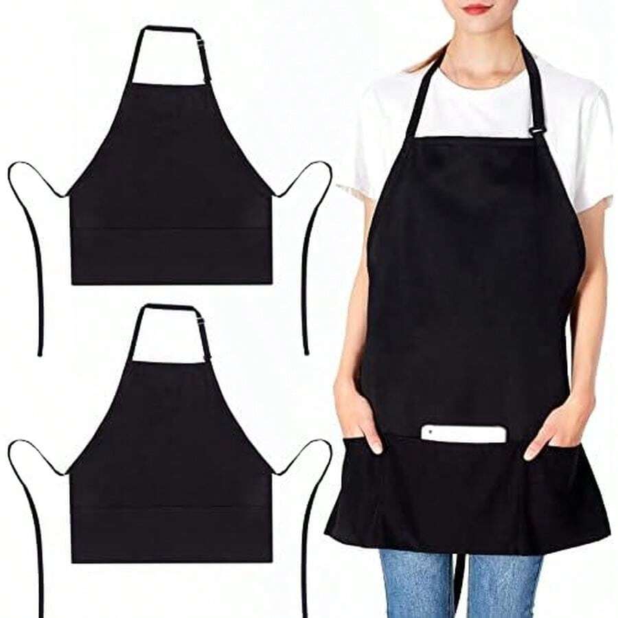 Jubatus 2 Pack 3 Pockets 100% Cotton Adjustable Bib Apron Chef Kitchen Cooking Aprons For Women Men, White - Black-polyester - View 1