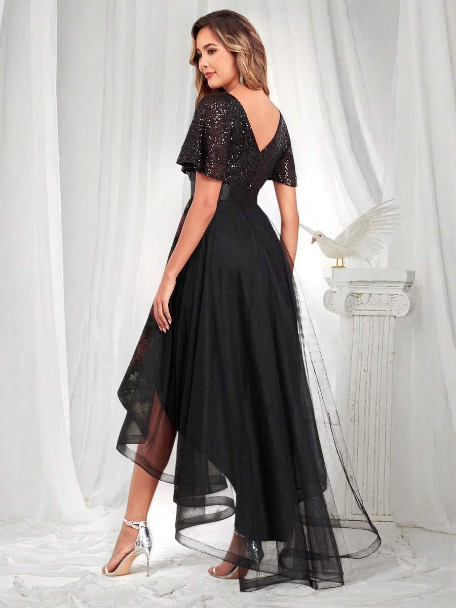 Vestido de cóctel de mujer con cuello en V, parches de lentejuelas y bajo asimétrico de malla, vestido de noche elegante formal negro, adecuado para invitados de boda, ceremonia de graduación, cena formal, fiesta festiva - Negro - Ver 1