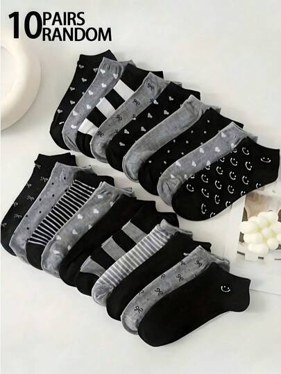 10 paires de chaussettes femme de style aléatoire noir et gris avec motifs cœur, pois et nœud. Design élégant et minimaliste, polyvalentes et confortables, respirantes. Convient pour tous les types de chaussures. Indispensable pour la rentrée scolaire.