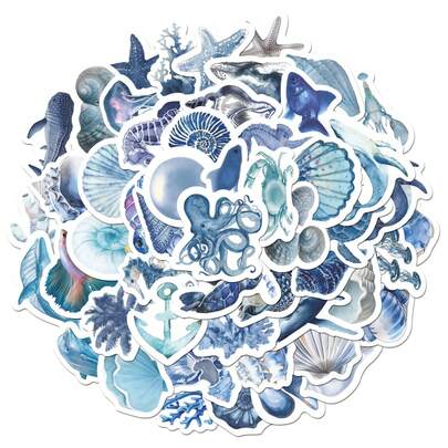 53 Stück Ozean Blaue Ästhetische Aufkleber Set, Meereslebewesen & Muschel Aufkleber mit Korallen, Perlen, Anker & Wellen Designs für Tagebücher, Laptops, Wasserflaschen & Scrapbooking - Perfekt für Strandliebhaber & Marine Kunst Fans, Lustige Aufkleber Kindle Sammelalbum Zubehör Laptop Aufkleber