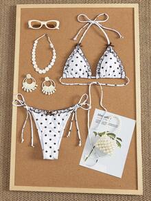 女士性感时尚简约优雅休闲浪漫海滩旅行派对波点荷叶边蝴蝶结挂脖两件式泳衣，新款春夏度假装 - 彩色 - 查看 2