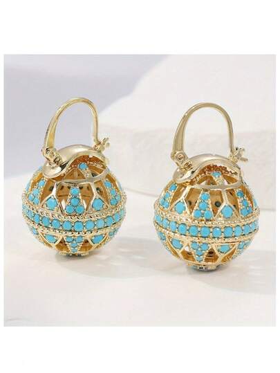 1 Pair Copper Hollow Ball Design Earrings, Handcrafted With Inlaid Multi-Color Synthetic Turquoise Decor, CZ Leverback, KC Gold Plated