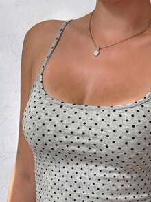 女士藏蓝色波点印花圆领修身休闲度假性感吊带背心，夏季沙滩装 - 灰色 - 查看 2