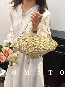 1件新款女士草编斜挎包，沙滩手提包，带链条肩带，时尚休闲度假贝壳包，拉链封口 - 米色 - 查看 2