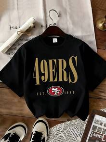 San Francisco 49ers Logo T - Shirt, Golden Bold 'SAN FRANCISCO' Above '49ERS' With 'EST.1946' Below Red & White 'SF' Emblem, Casual Cotton Crew Neck T - Shirt For Fans - 黑色 - 查看 10