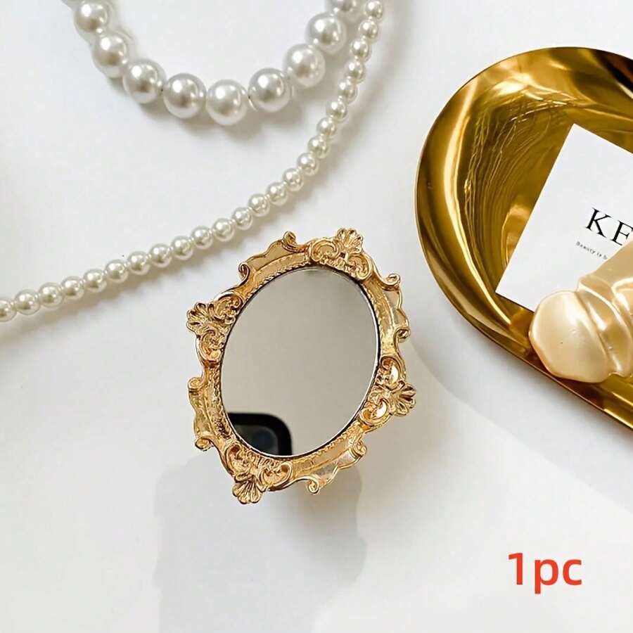 可调节镜面元件，复古电镀镜面手机支架，带弹出式支架座，适用于智能手机和平板电脑，耐用塑料材质，金色底座，完美解放双手，优雅配件，春季礼物之选。 - 金色 - 查看 1