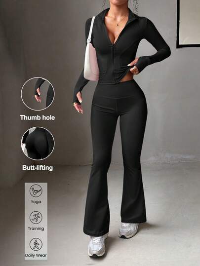 Conjunto de 2 piezas para mujer Aoqta, top con cremallera de manga larga de unicolor combinado con pantalones de cintura alta de ajuste ceñido, adecuado para actividades al aire libre, correr y yoga